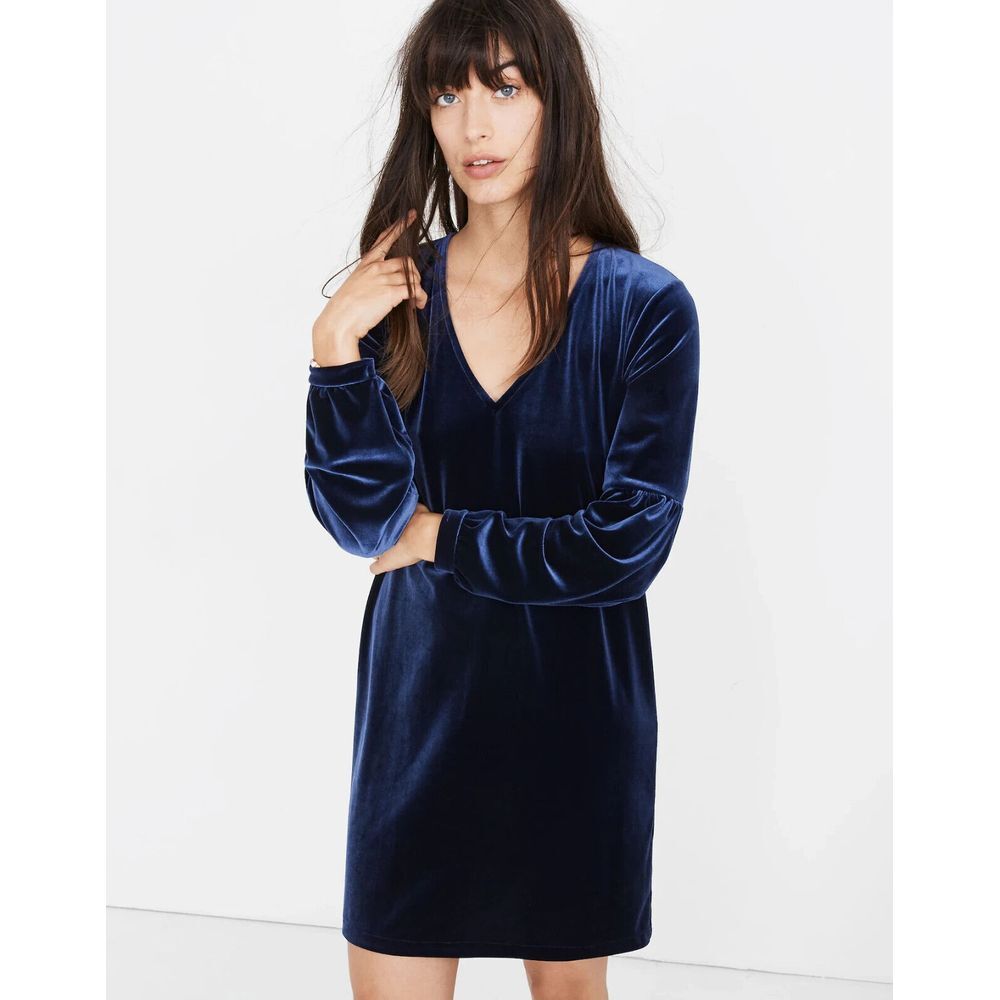 Madewell Velvet Balloon Sleeve Dress Womens Small Deep Navy Blue Mini Shift‎